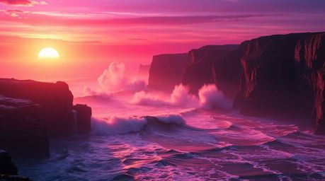 A breathtaking digital rendering showcases vibrant waves crashing against dramatic cliffs during a sunset.  Deep ultraviolet 