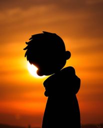 A charming scene unfolds with the silhouette of a figure set against a vibrant sunset. The figure is depicted with adorable a