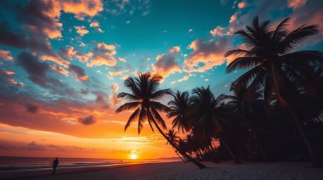 Experience the breathtaking beauty of a tropical beach sunset captured in a dramatic, high-contrast photograph.  Swaying palm