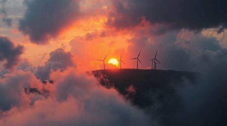 Witness the breathtaking bird's-eye view of a sunset painting the sky behind wind turbines atop a hill. The intense dramatic 