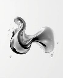 This classic black and white image features glassy fluid 3D shapes in dynamic motion, surrounded by glowing particles, creati