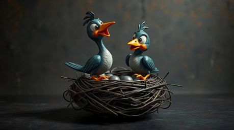 Discover a captivating bronze sculpture of two cartoon birds meticulously crafting a nest.  Rendered in a classic animation s