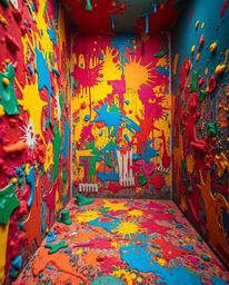 Experience a visual explosion of color with these images showcasing a room filled with splattered paint. These tight close-up