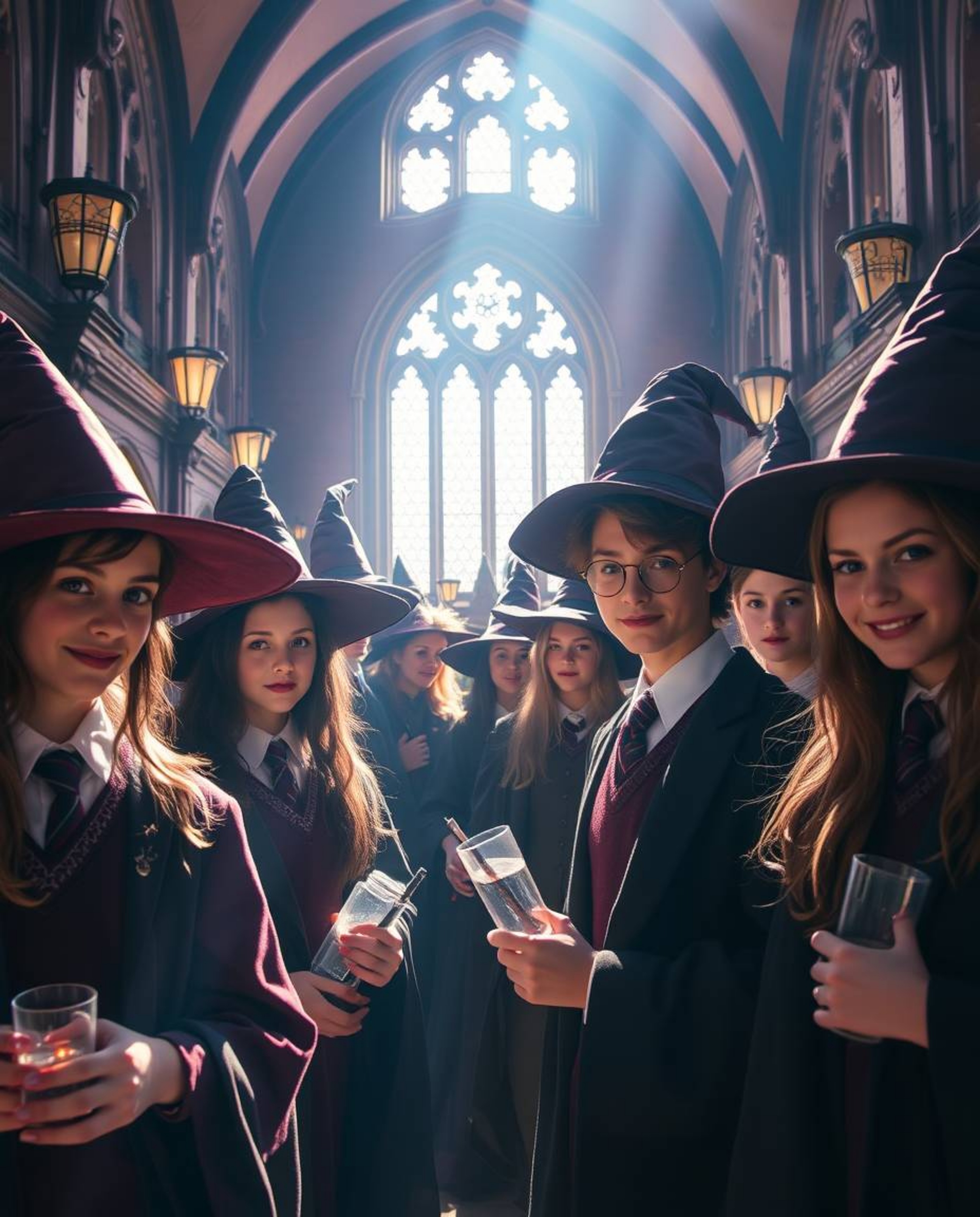 Immerse yourself in a magical school brimming with young wizards, a sophisticated and elegant environment bathed in bright le