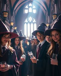 Immerse yourself in a magical school brimming with young wizards, a sophisticated and elegant environment bathed in bright le