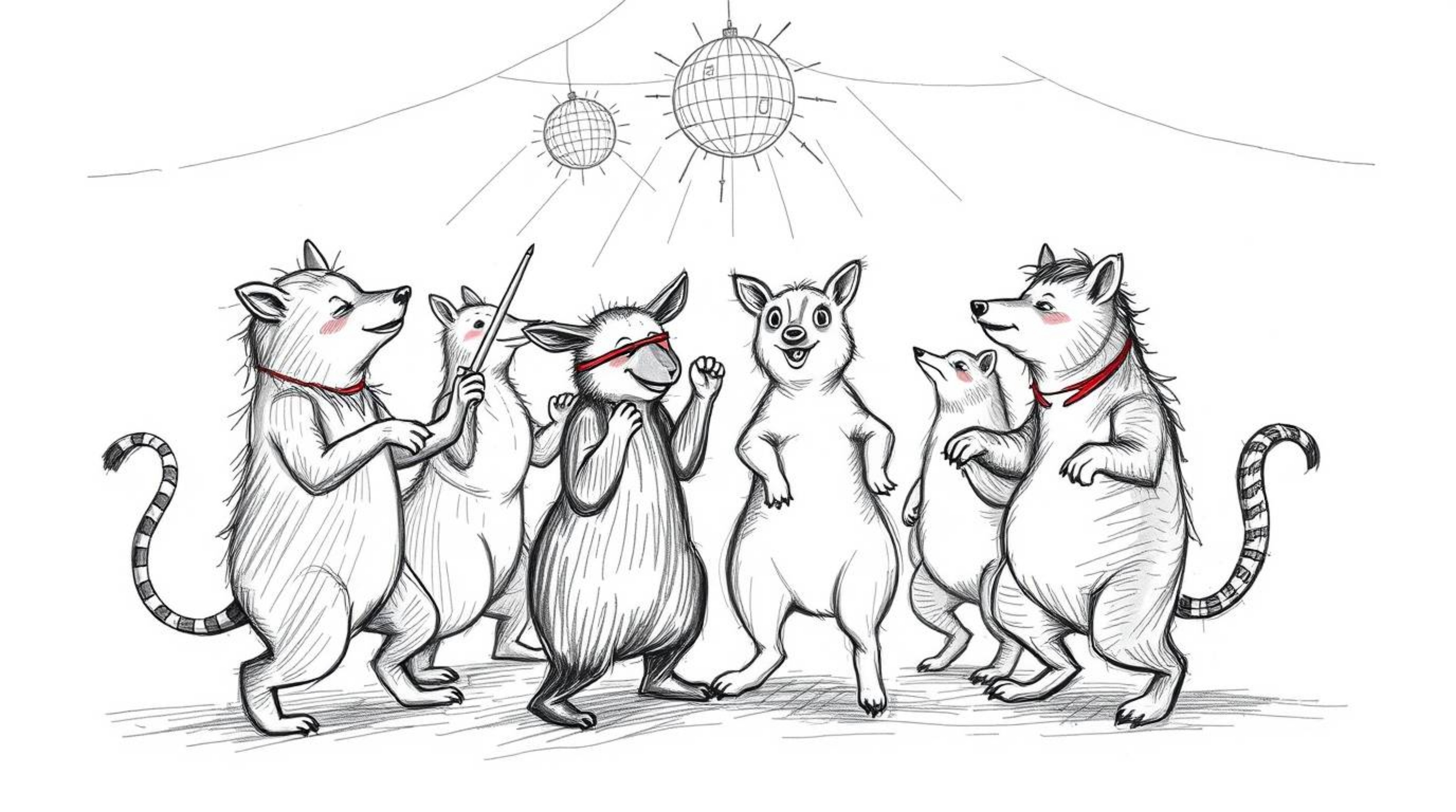 A vibrant animal dance party sketch brought to life with hand-drawn charm, featuring playful creatures grooving under dazzlin