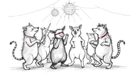 A vibrant animal dance party sketch brought to life with hand-drawn charm, featuring playful creatures grooving under dazzlin