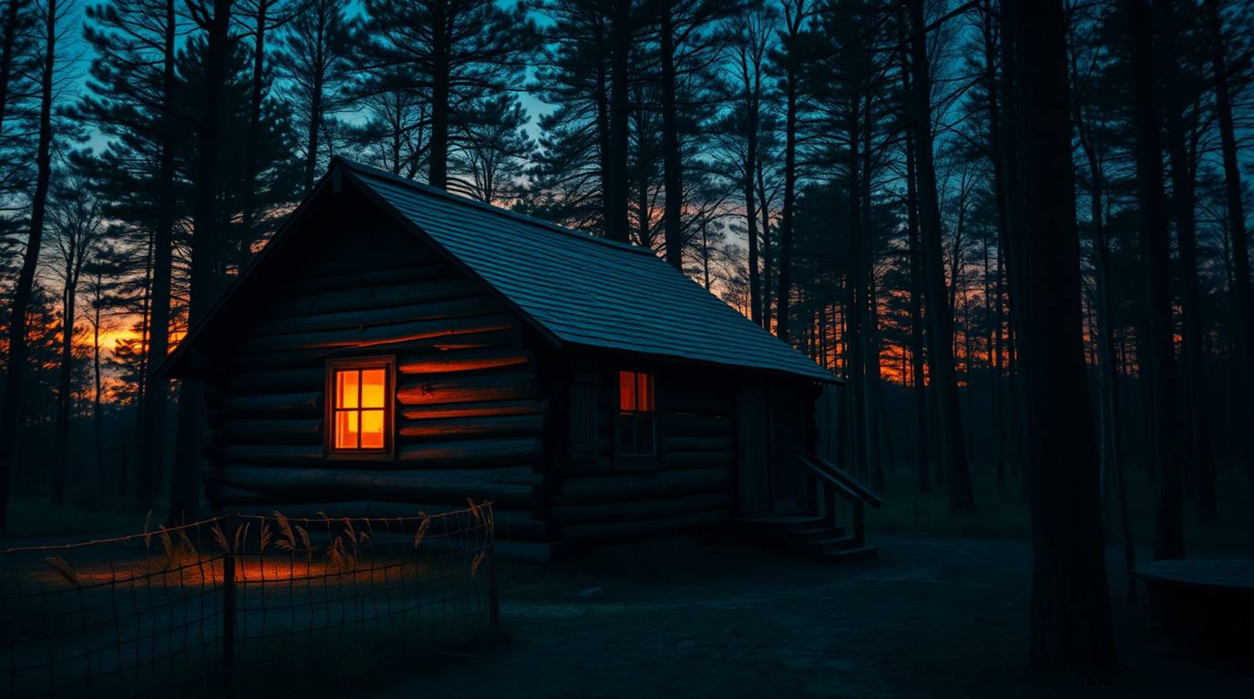 A captivating bioluminescent scene showcases an old wooden cabin nestled deep within the woods at sunset. The image boasts a 