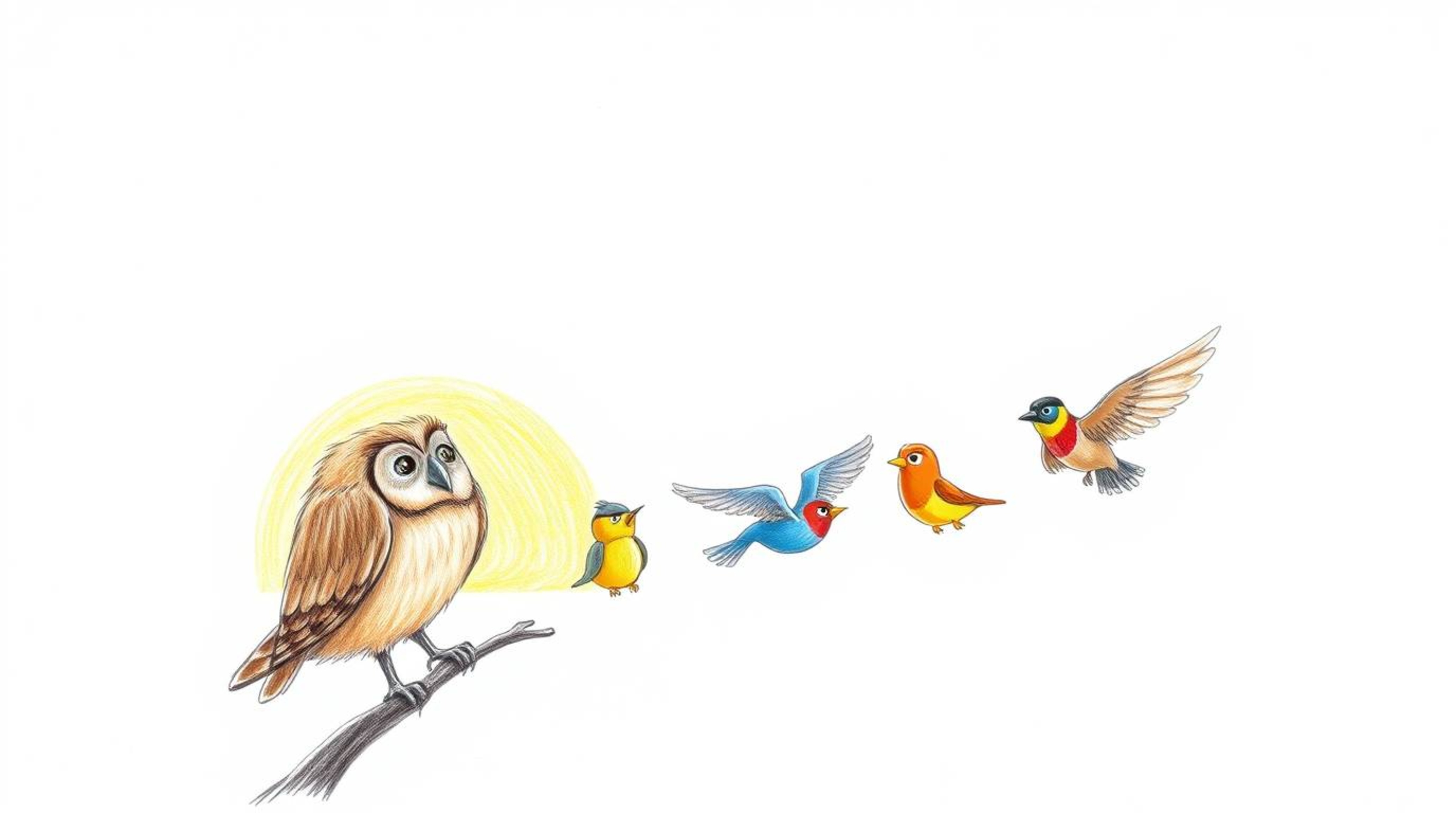 A heartwarming hand-drawn sketch in the style of Pixar depicts a gentle, blind owl with soft, feathery textures teaching a cl
