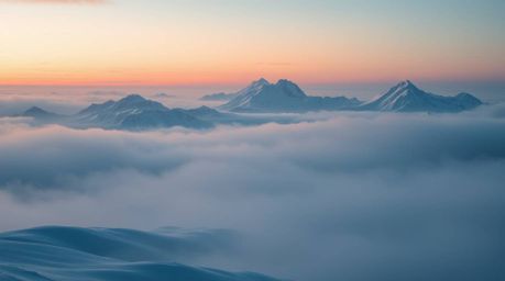 Experience the breathtaking beauty of snow-covered mountains bathed in the warm glow of a pastel sunset.  Volumetric lighting