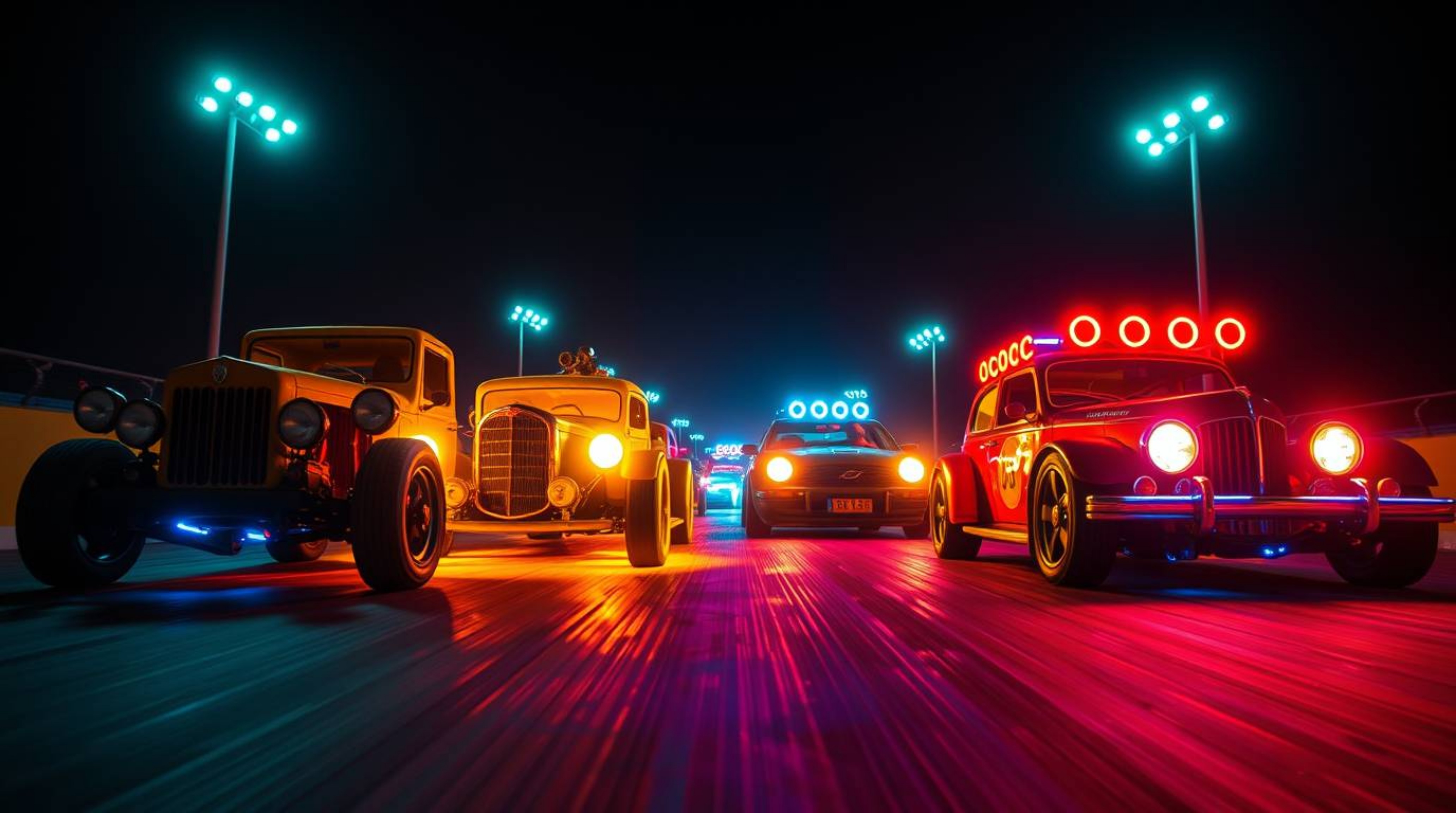 Experience a thrilling and bizarre racing scene featuring uniquely designed, outlandish cars. This low-angle perspective show