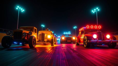 Experience a thrilling and bizarre racing scene featuring uniquely designed, outlandish cars. This low-angle perspective show