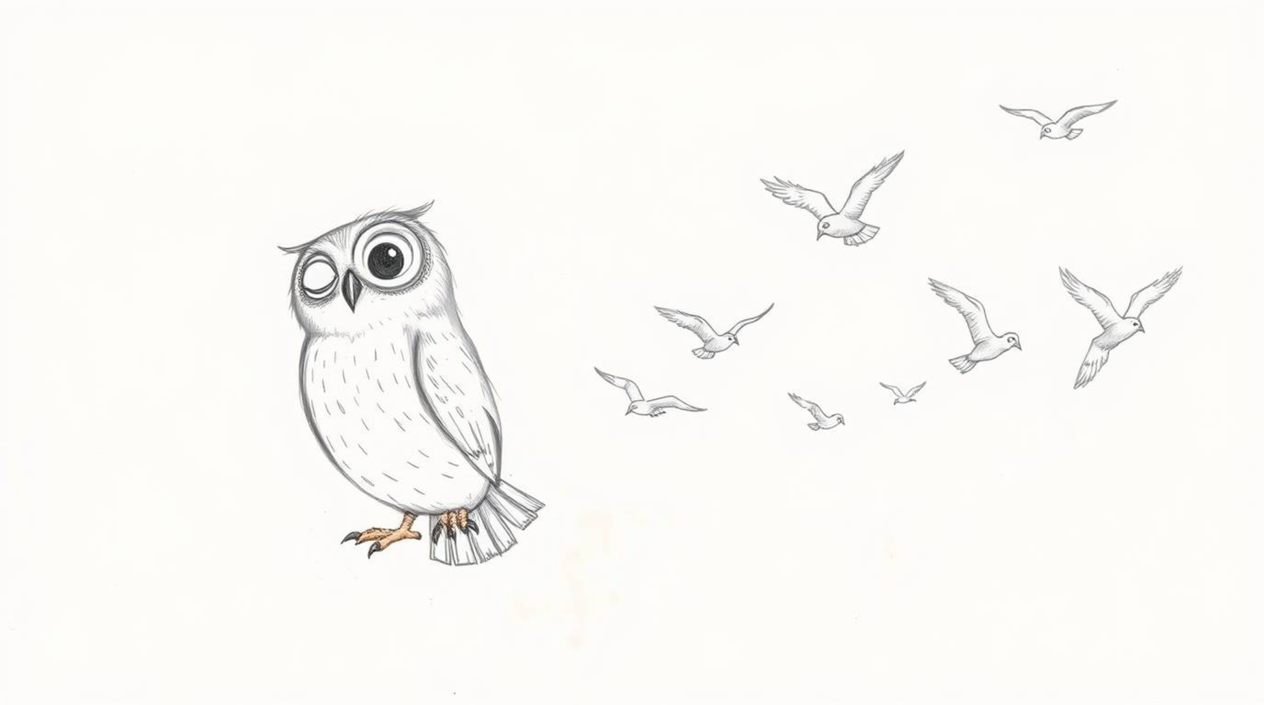 A captivating hand-drawn, Pixar-esque sketch depicts a blind owl, rendered with textured pencil strokes, leading a flock of b