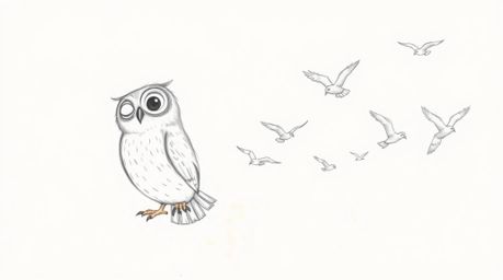A captivating hand-drawn, Pixar-esque sketch depicts a blind owl, rendered with textured pencil strokes, leading a flock of b