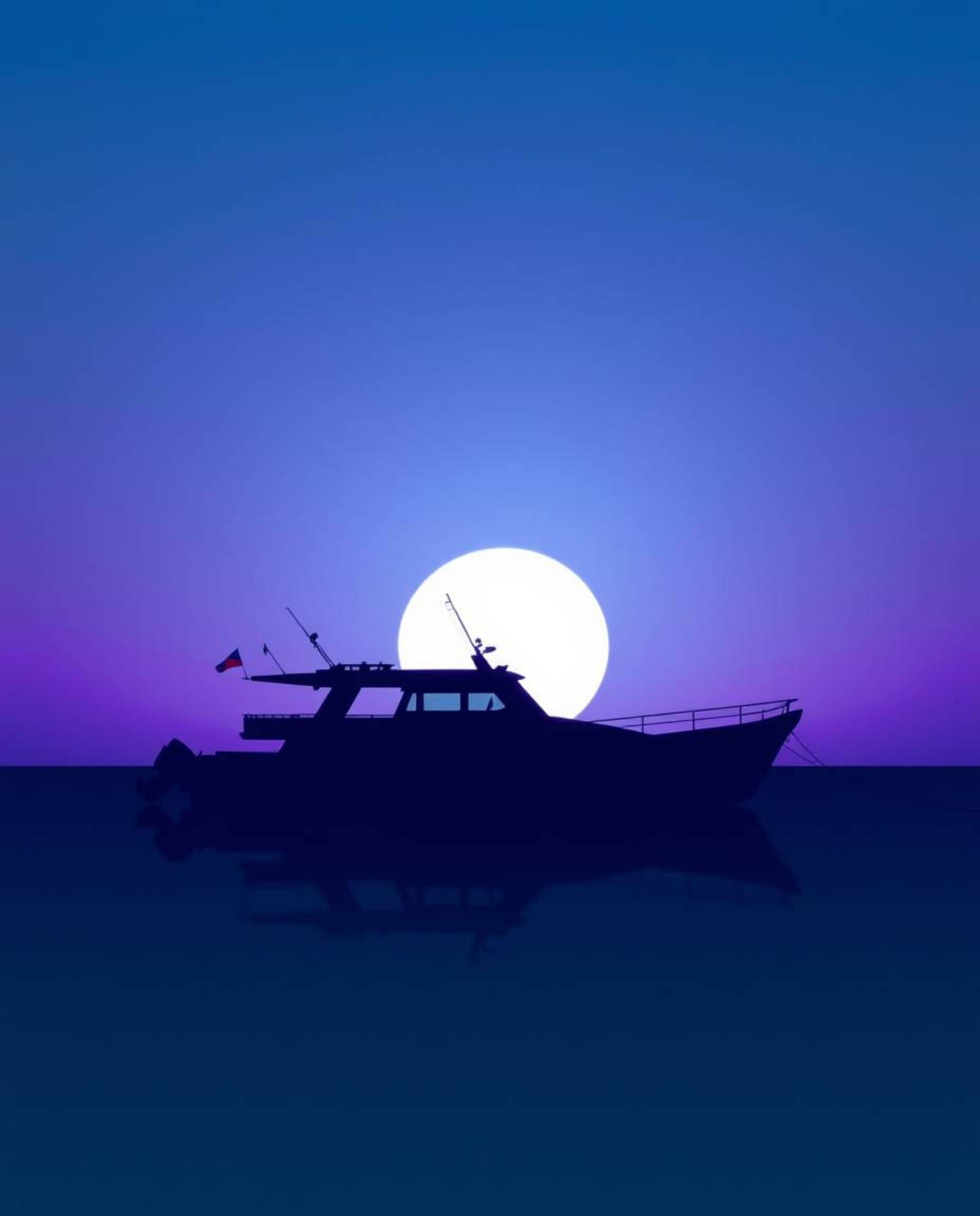 This image features a boat silhouetted against a sunset, rendered in a palette of cool blues, greens, and purples. The light 