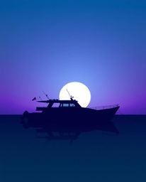 This image features a boat silhouetted against a sunset, rendered in a palette of cool blues, greens, and purples. The light 