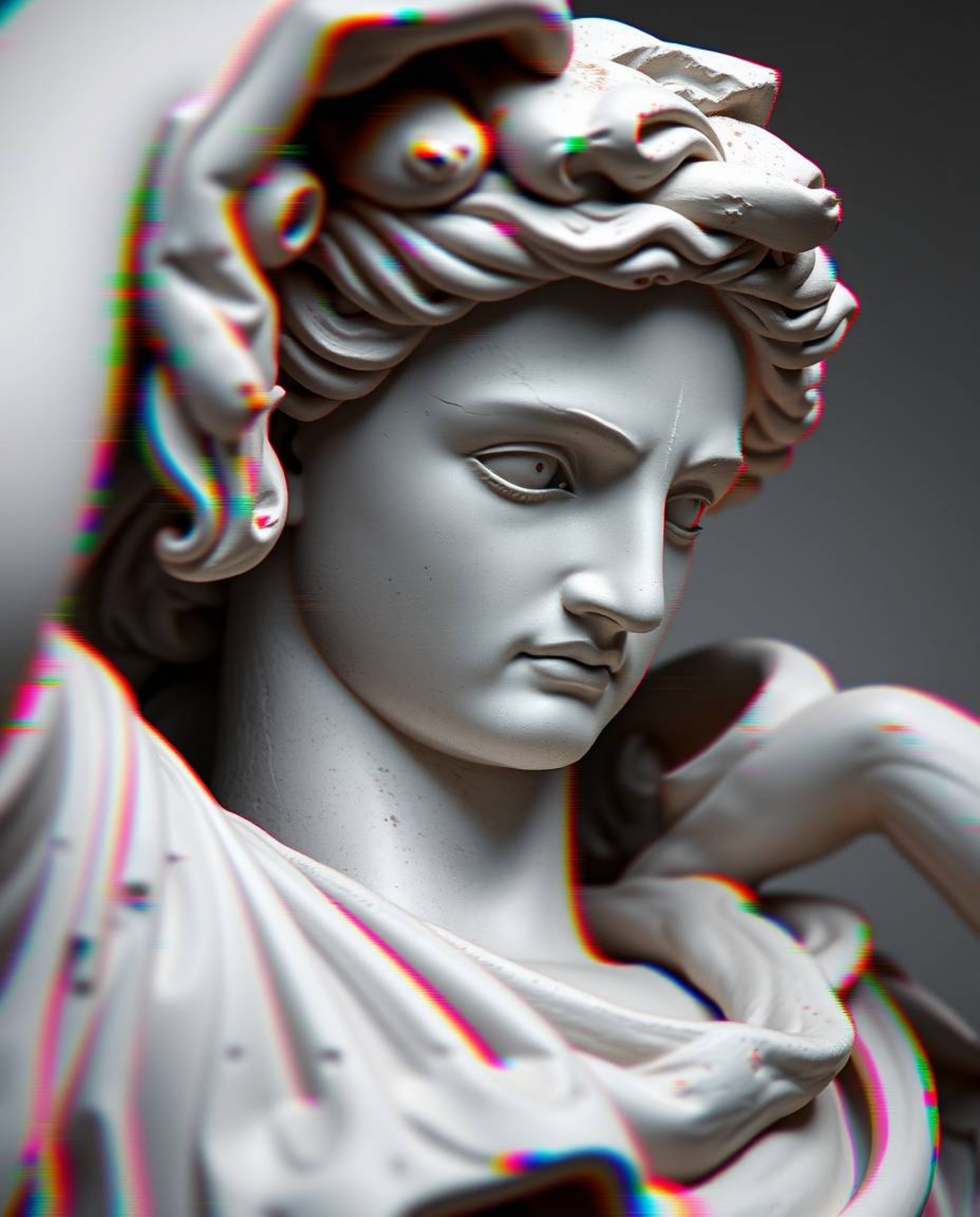 A captivating logo design showcases a close-up of a classical sculpture infused with a vibrant glitch effect.  The design cle