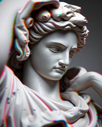 A captivating logo design showcases a close-up of a classical sculpture infused with a vibrant glitch effect.  The design cle