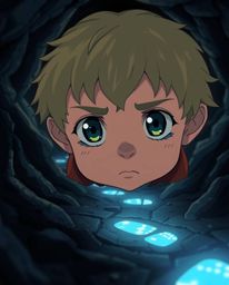A captivating Isekai anime-style close-up featuring a child with incredibly expressive features venturing into a mysterious c