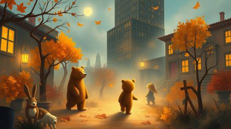 Embark on a mystical urban adventure with a charming bear family, bathed in the warm hues of autumn. Experience gentle color
