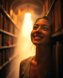 Experience the magic of discovery as a person with a joyful expression stumbles upon a hidden underground library, bathed in 