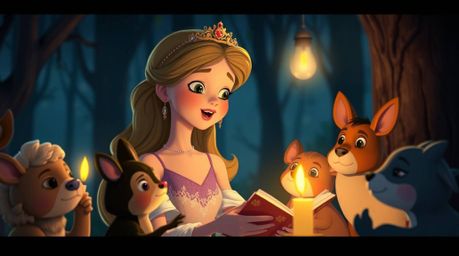A delicate princess with light skin sings to a gathering of forest animals in a charming vintage 2D animation style. Warm can
