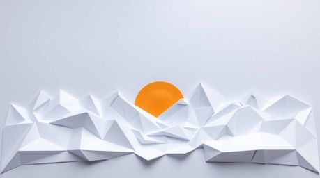 This intricate origami-style illustration captures a breathtaking sunset over icy polar glaciers, showcasing a unique folded 