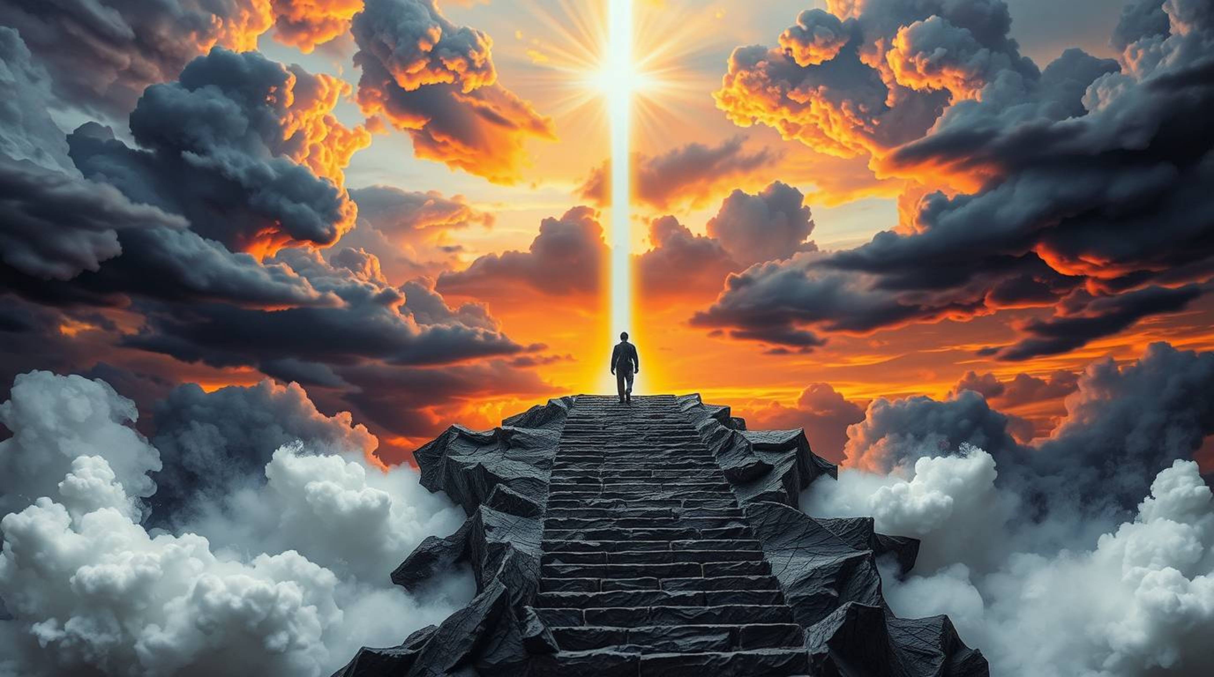 A lone figure ascends a stone staircase towards a divine beam of light piercing through a smoky sunset sky, rendered in layer