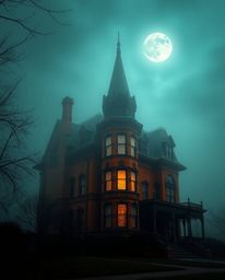 A fog-covered Victorian mansion under moonlight, exuding an eerie atmosphere, becomes a captivating subject. Rendered in warm