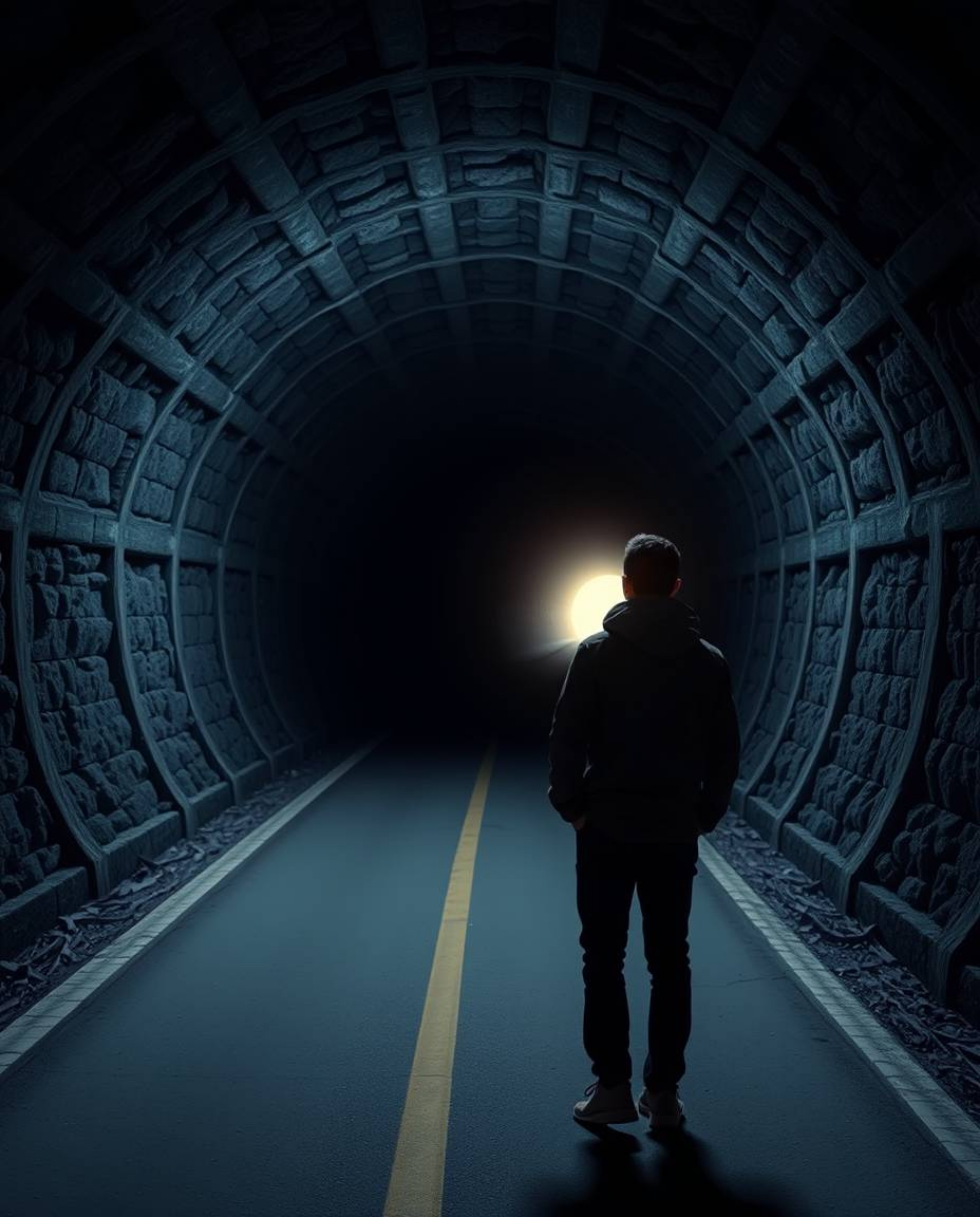 A captivating high-resolution image depicting a person standing at the edge of a tunnel, gazing towards a bright light. This 