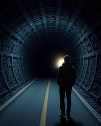 A captivating high-resolution image depicting a person standing at the edge of a tunnel, gazing towards a bright light. This 