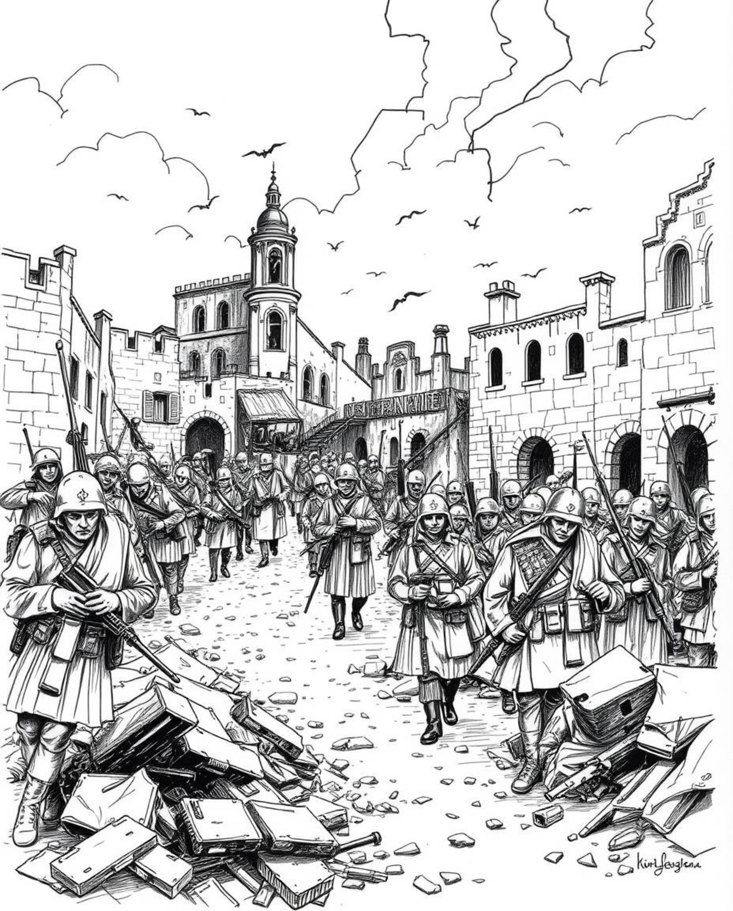 Explore a hand-drawn sketch of a classic and timeless battlefield, featuring time-warped soldiers and crumbling buildings. Th