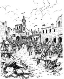 Explore a hand-drawn sketch of a classic and timeless battlefield, featuring time-warped soldiers and crumbling buildings. Th