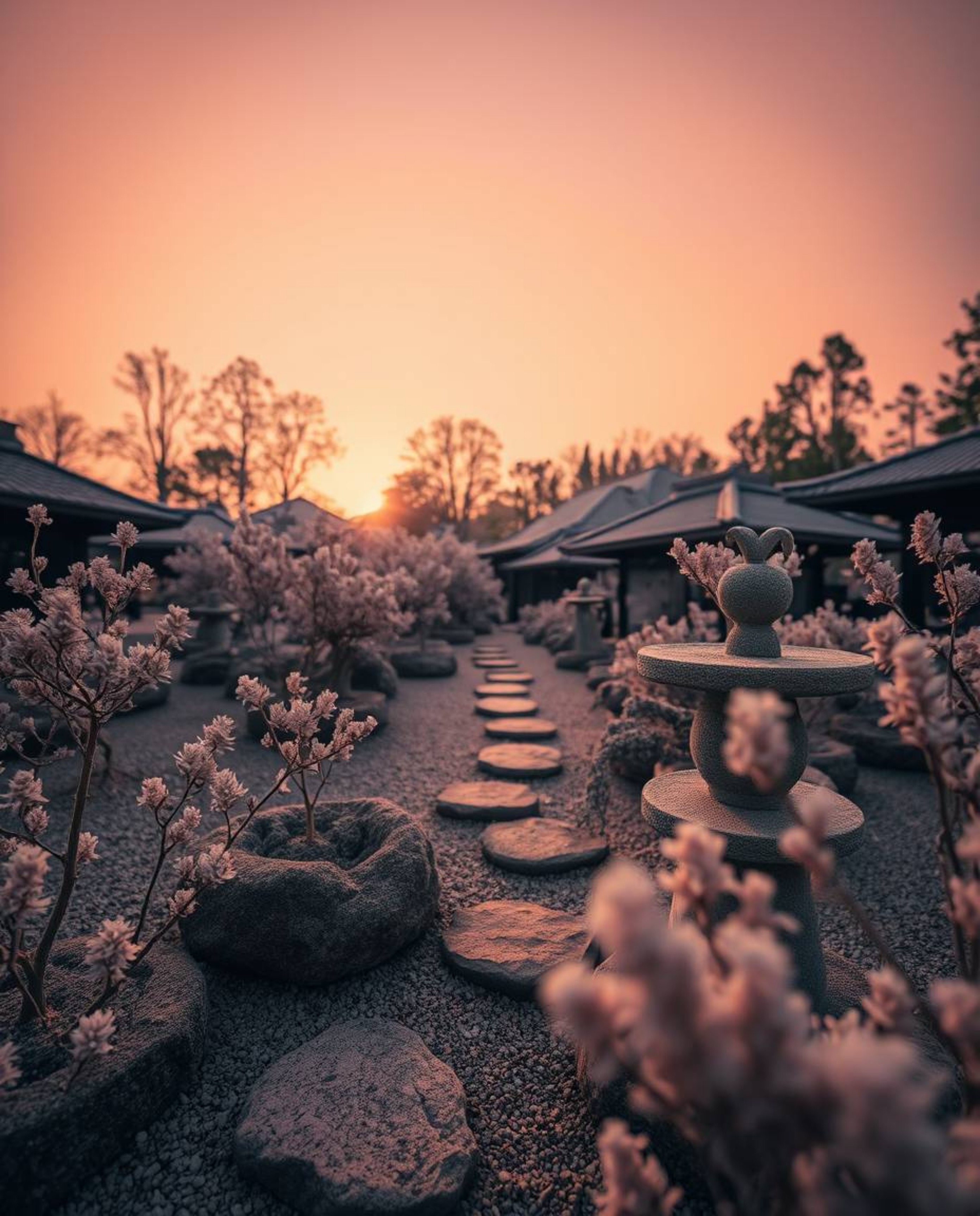 An extreme macro close-up photograph of a serene Zen garden at sunset, using surreal infrared tones to create an otherworldly