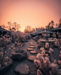 An extreme macro close-up photograph of a serene Zen garden at sunset, using surreal infrared tones to create an otherworldly