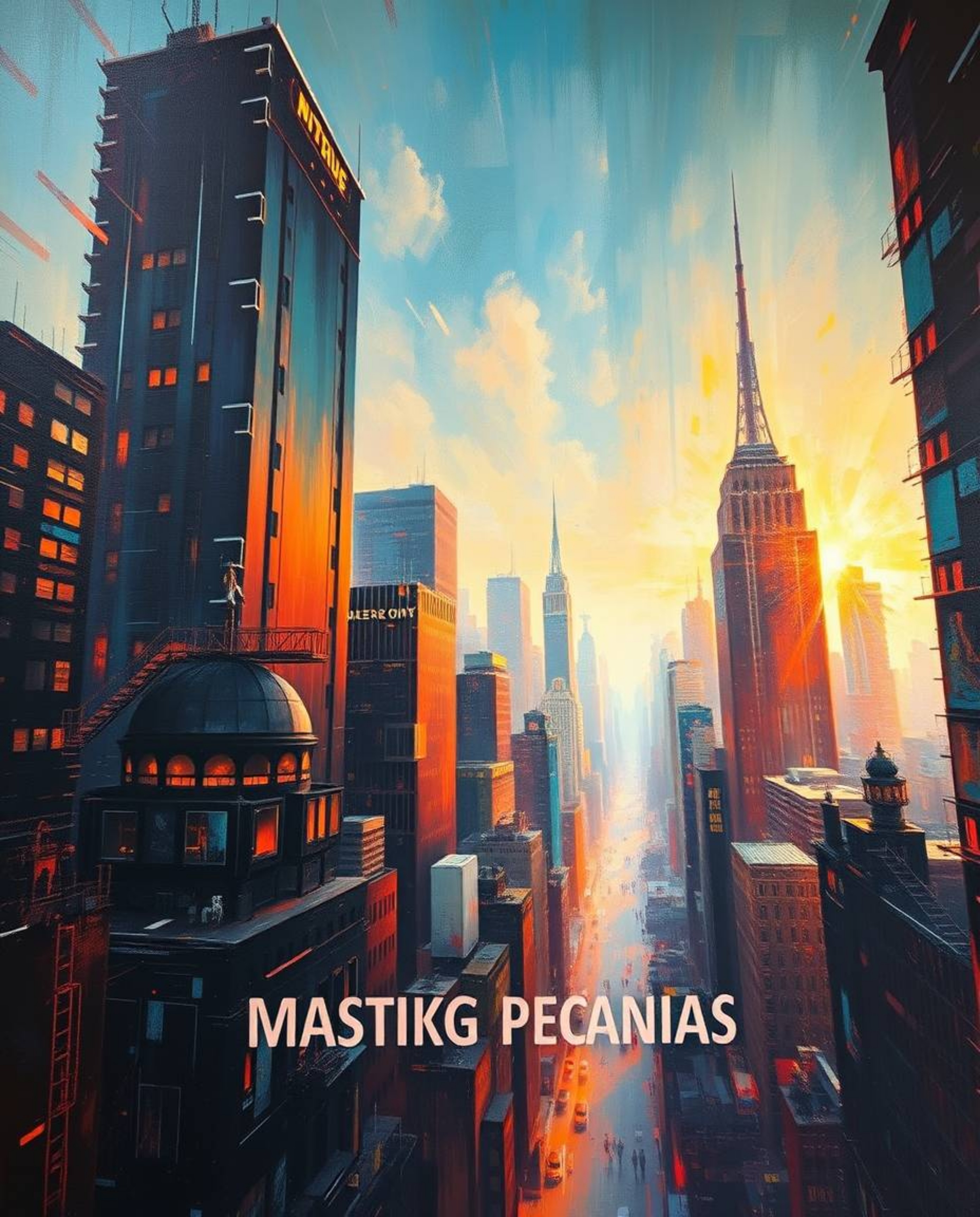 A captivating oil painting portrays a surreal, glitchy digital landscape. Distorted skyscrapers pierce a sky filled with stat