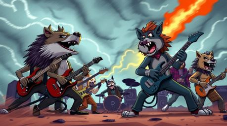 A vibrant and energetic depiction of a cartoon animal rock band performing amidst a stormy sky. The image captures the band i