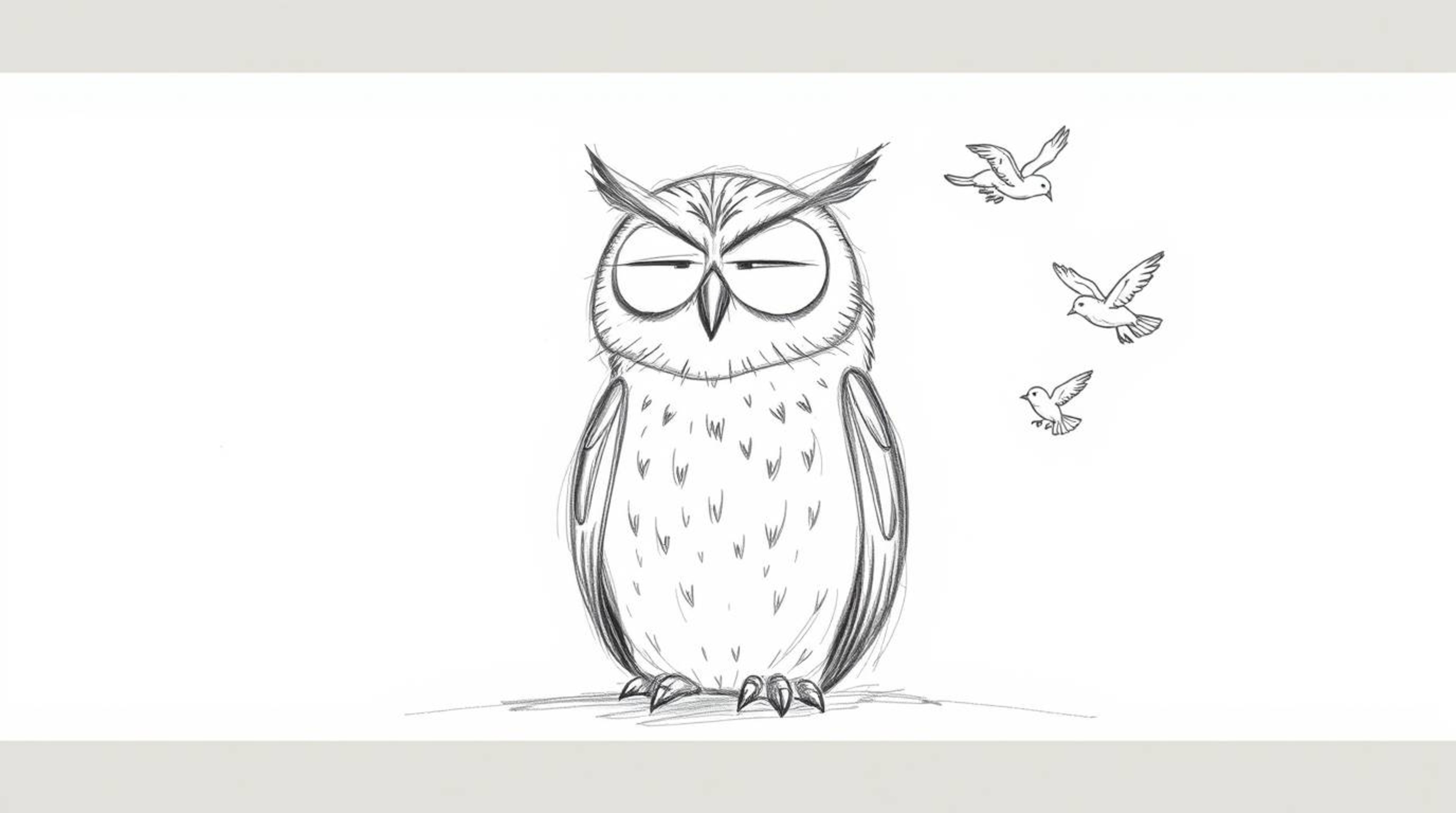 This captivating hand-drawn sketch depicts a blind, wise-looking owl, rendered in a Pixar style, sitting calmly amidst a flur