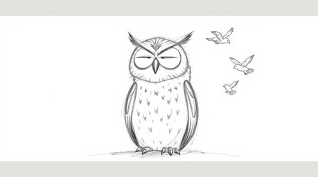 This captivating hand-drawn sketch depicts a blind, wise-looking owl, rendered in a Pixar style, sitting calmly amidst a flur