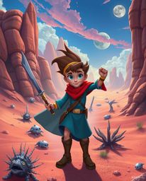 Embark on a surreal desert adventure with a brave Disney-style hero. This fantastical journey is filled with vibrant, complem