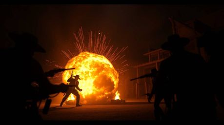 Experience a classic exploding TNT gag set in the wild west, rendered in a strong, moody style. Intense dramatic lighting and