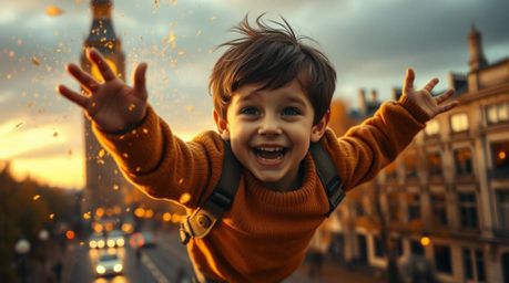A joyful young boy soars above a London scene bathed in the warm hues of autumn, powered by golden pixie dust. This dramatic,