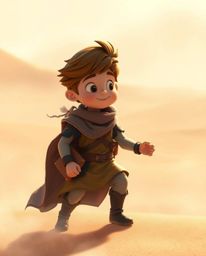 A captivating scene depicts a Disney-style hero embarking on a desert adventure, rendered with a soft, dreamy aesthetic. The 