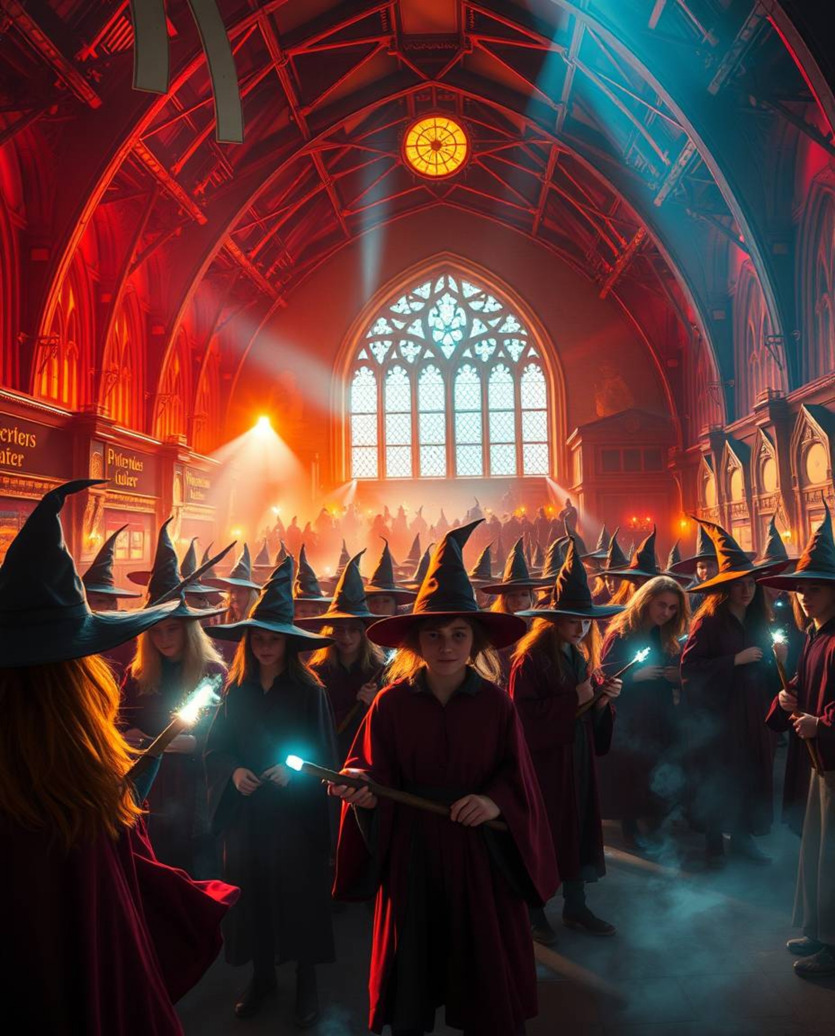 Explore a grand and epic vision of a magical school teeming with young wizards, rendered in a captivating modern futuristic s