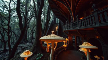 This high-angle, precisely composed architectural photograph captures the essence of a vintage enchanted forest, highlighted 