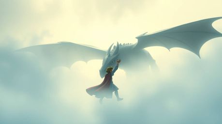 A captivating image in the style of 1950s animation depicts a charming prince bravely battling a dragon amidst a thick, hazy 