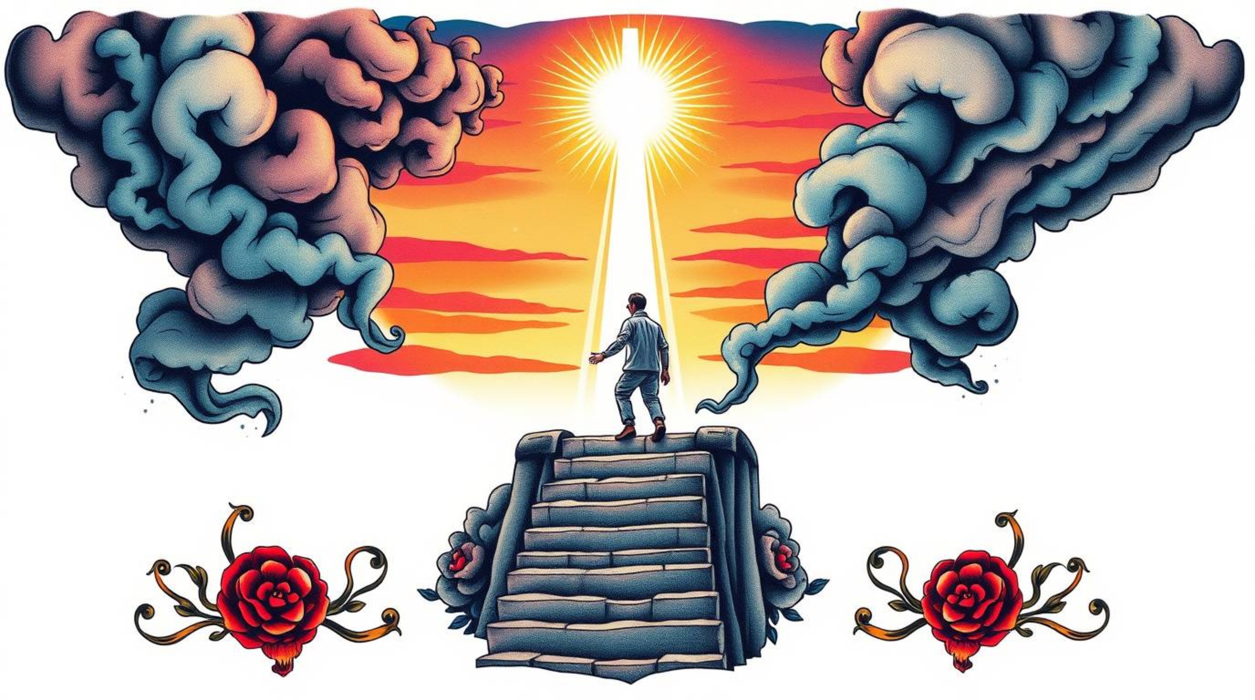 This striking art print features a symbolic traditional tattoo design. A lone figure is depicted climbing a weathered stone s