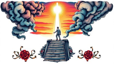 This striking art print features a symbolic traditional tattoo design. A lone figure is depicted climbing a weathered stone s