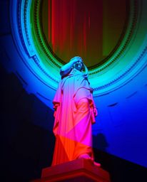 A captivating digital image showcasing a classical sculpture warped with a colorful glitch effect, presented from a dramatic 