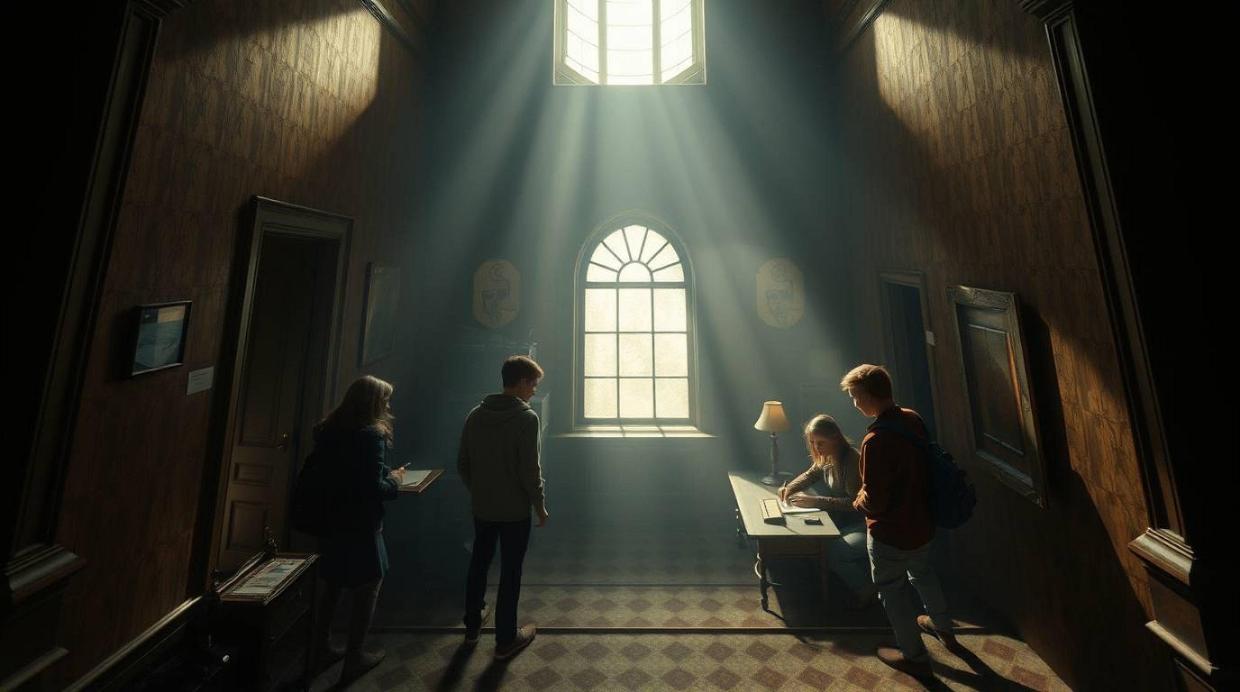 A captivating high-angle shot depicts a group of teenagers immersed in solving mysteries within a spooky haunted mansion.  So